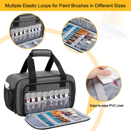 Acrylic Paint Organizer Bag for up to 54 Bottles (2 oz), Art Supply Storage Case with Handle Strap, Extra Pocket for Paint Brushes, etc, Aluminum Foil Liner for Easy Cleaning, Patented Design (Grey) GRAOSO