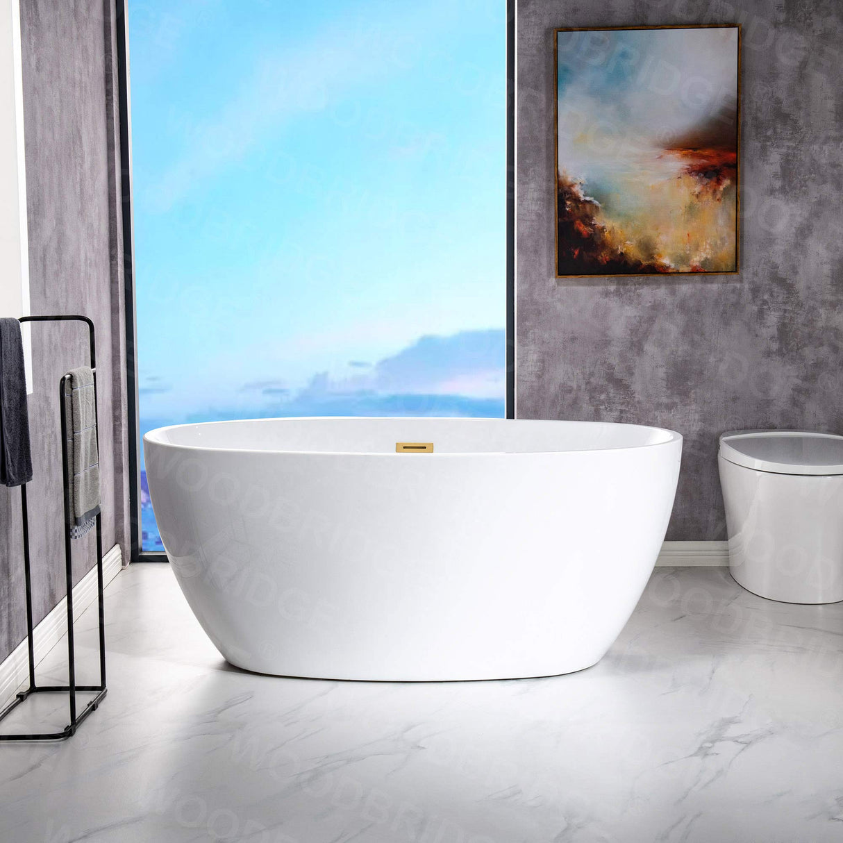 WOODBRIDGE 55" Acrylic Freestanding Bathtub Contemporary Soaking White Tub with Brushed Gold Overflow and Drain,B1418-BG WOODBRIDGE