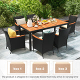 HAPPYGRILL 9 Pieces Outdoor Dining Set for 8, Patio Conversation Set with Acacia Wood Tabletop, Umbrella Hole, Washable Seat Cushions, Rattan Dining Table & Chair Set for Garden Yard Poolside HAPPYGRILL