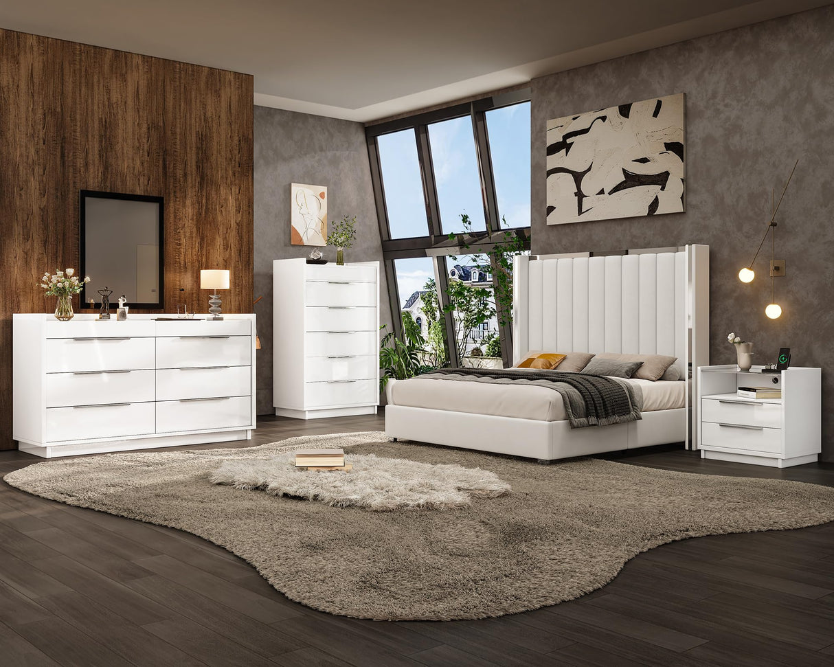 AMERLIFE 4 Piece Bedroom Furniture Set, 2 Nightstands with Charging Station, 8 Drawer Dresser with LED Light & 5 Drawer Chest, Modern High Gloss UV Finish, Bedroom Storage Organizer, White AMERLIFE