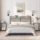 HOOBRO Full Size Headboard, Headboard with 2 Outlets and 4 USB Ports, Adjustable Height, Storage Rack, Sturdy and Stable, Easy Assembly, Greige and Black HOOBRO