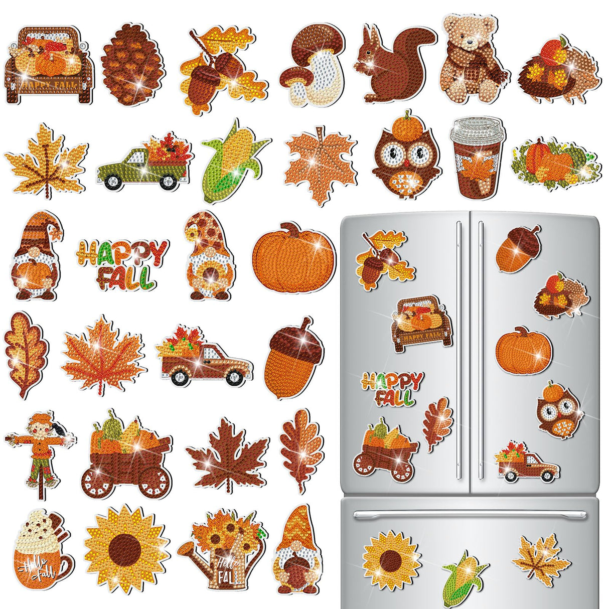 Copkim 30 Pcs Fall Diamond Art Magnets Kits DIY Autumn Pumpkin Maple Leaves Pine Nuts Diamond Painting Happy Fall Fridge Magnetic Stickers Gem Art Magnets for Beginners Holiday Decor Home Copkim