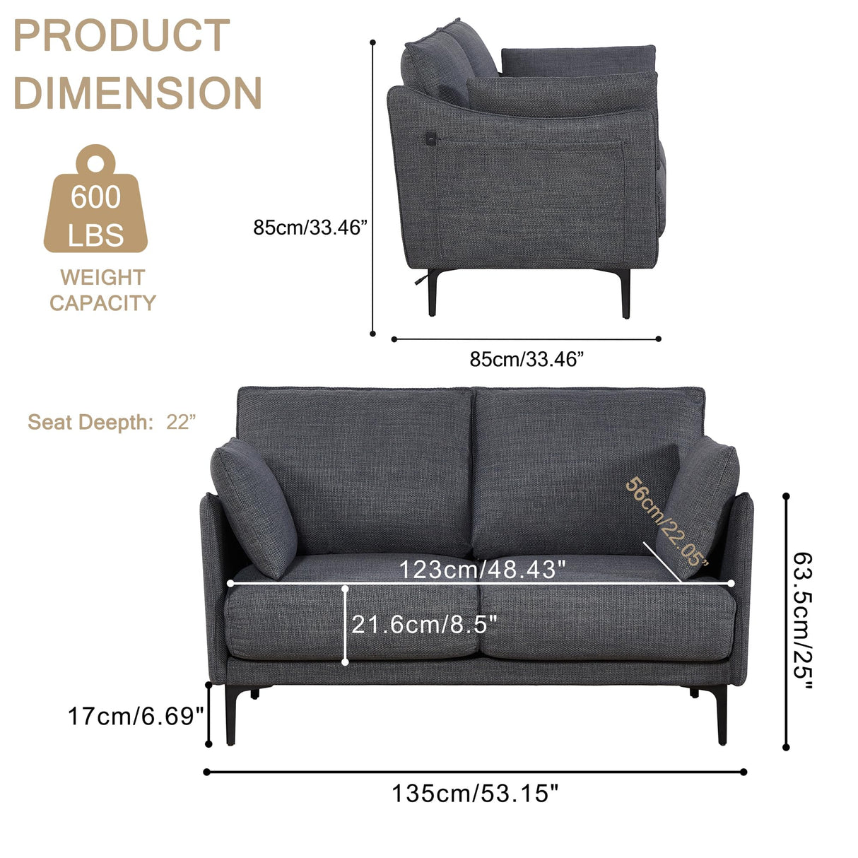 Plococo Simple Style Modern Loveseat Couch Sofa with USB Charge Port, 2 Pillows,Metel Legs for Primary Living Space, Bed Room, Office (Grey) Plococo