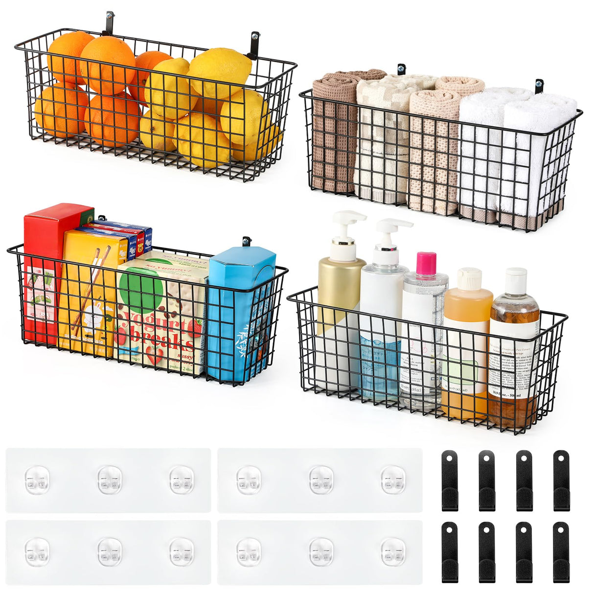 4 Set [EXTRA LARGE] Hanging Wall Mount Storage Baskets with Adhesive Hooks & Steel Hooks, Multiuse Sturdy Wire Metal Organizing Baskets for Home Kitchen Bathroom Pantry Utility Organizer, Black AOZITA