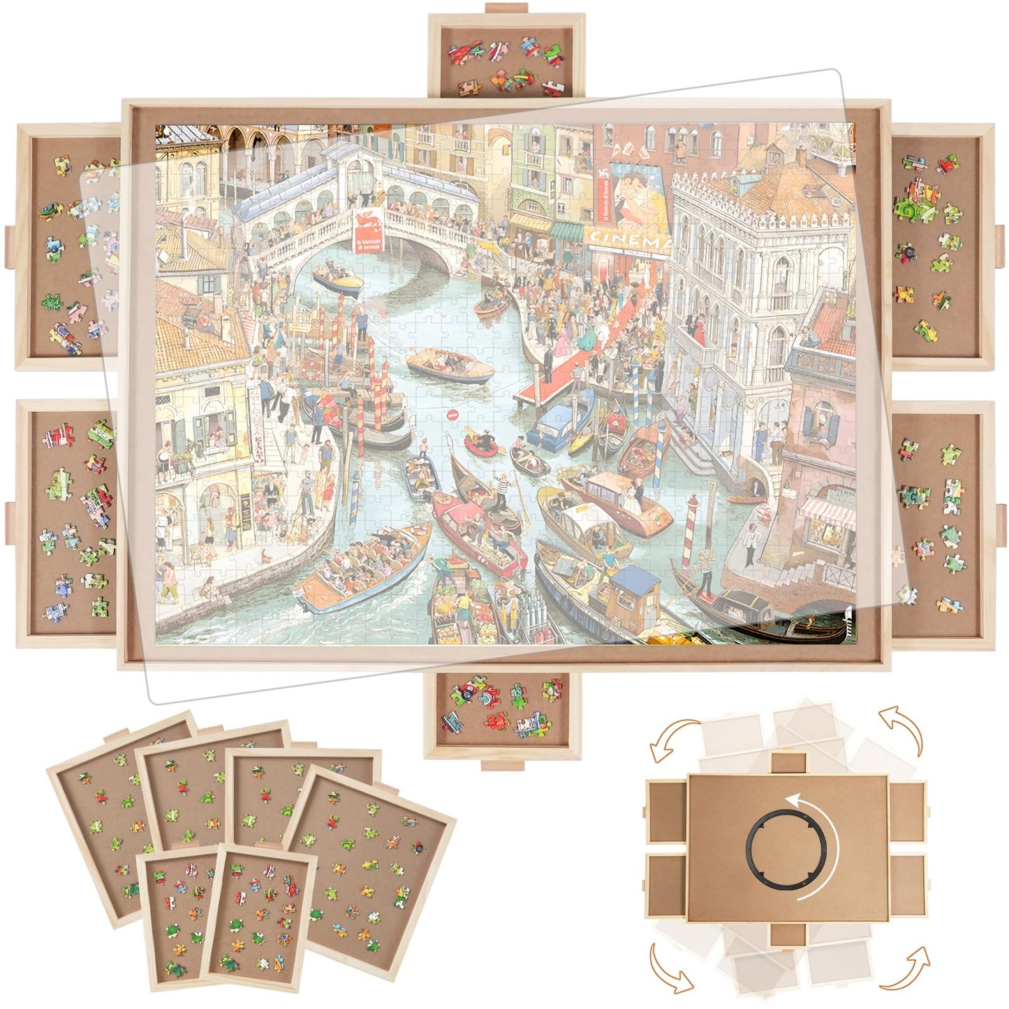 BuilderButler 2000 Pieces Rotating Puzzle Board with 6 Drawers,29.7"x41.3" Portable Wooden Jigsaw Puzzle Board with Lazy Susan Spinning Cover for Adults - WoodArtSupply