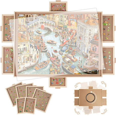 BuilderButler 2000 Pieces Rotating Puzzle Board with 6 Drawers,29.7"x41.3" Portable Wooden Jigsaw Puzzle Board with Lazy Susan Spinning Cover for Adults BuilderButler