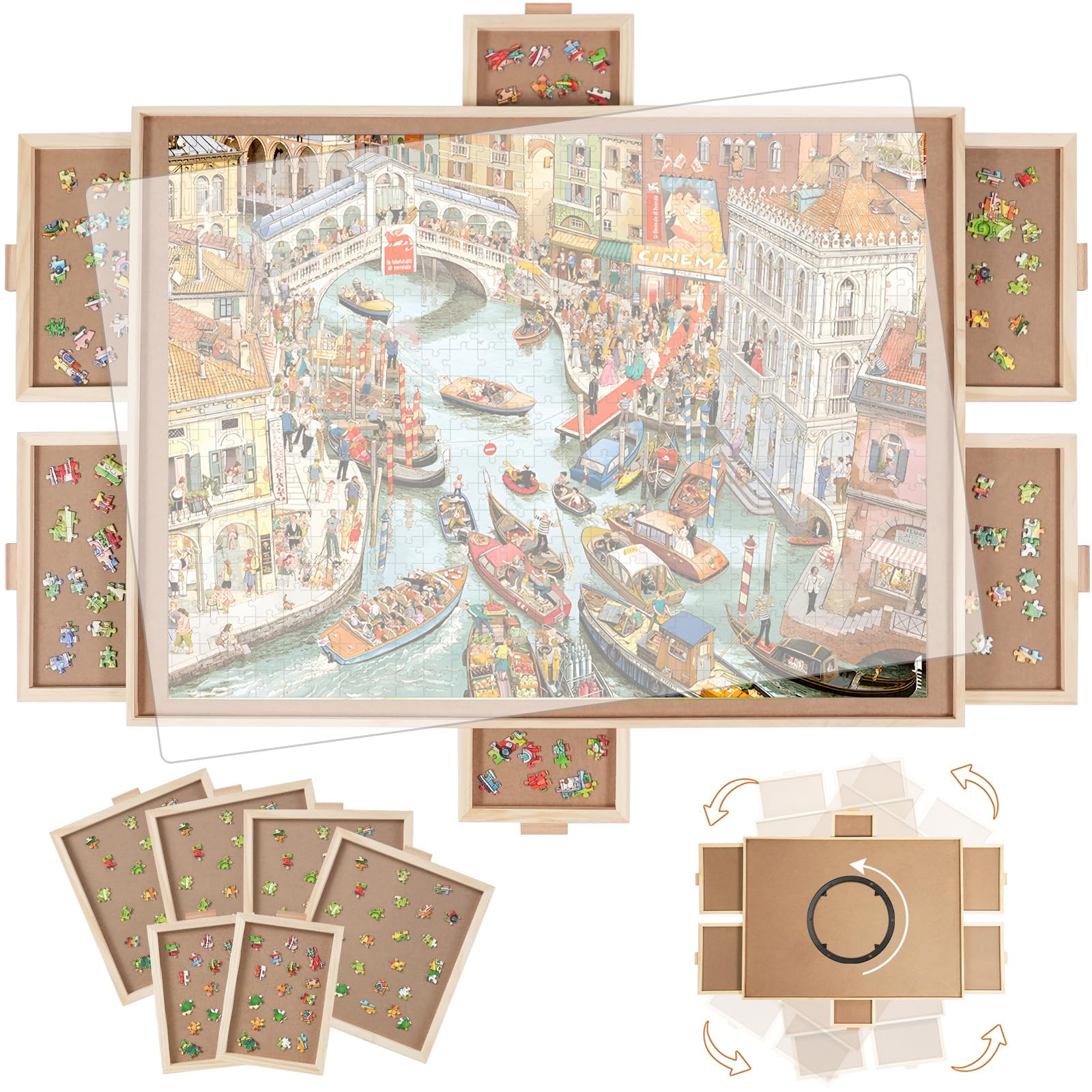 BuilderButler 1000 Pieces Rotating Puzzle Board with 6 Drawers,33.3"x25.2" Portable Wooden Jigsaw Puzzle Board with Lazy Susan Spinning Cover for Adults - WoodArtSupply