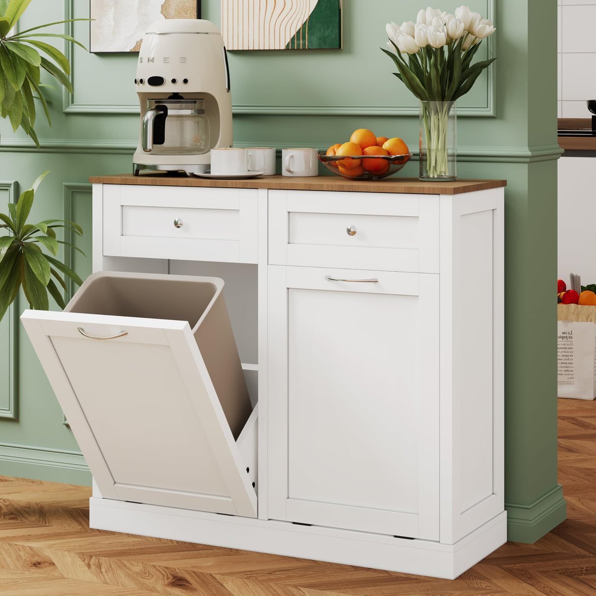 Yongchuang Double Tilt Out Trash Can Cabinet 20 Gallon, Kitchen Wooden Hidden Garbage Can Cabinet with Drawer, Tilt Out Laundry Hamper Cabinet with Storage White Yongchuang