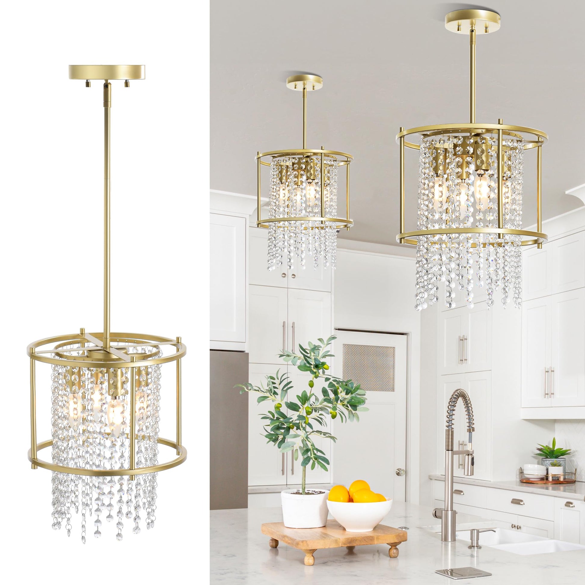 YITAHOME 4-Light Dining Room Crystal Light Fixture 11.81 inch Round Farmhouse Chandelier Gold Metal Pendant Light for Kitchen Island Dining Room Living Room Flat and Inclined Ceiling, UL List - WoodArtSupply