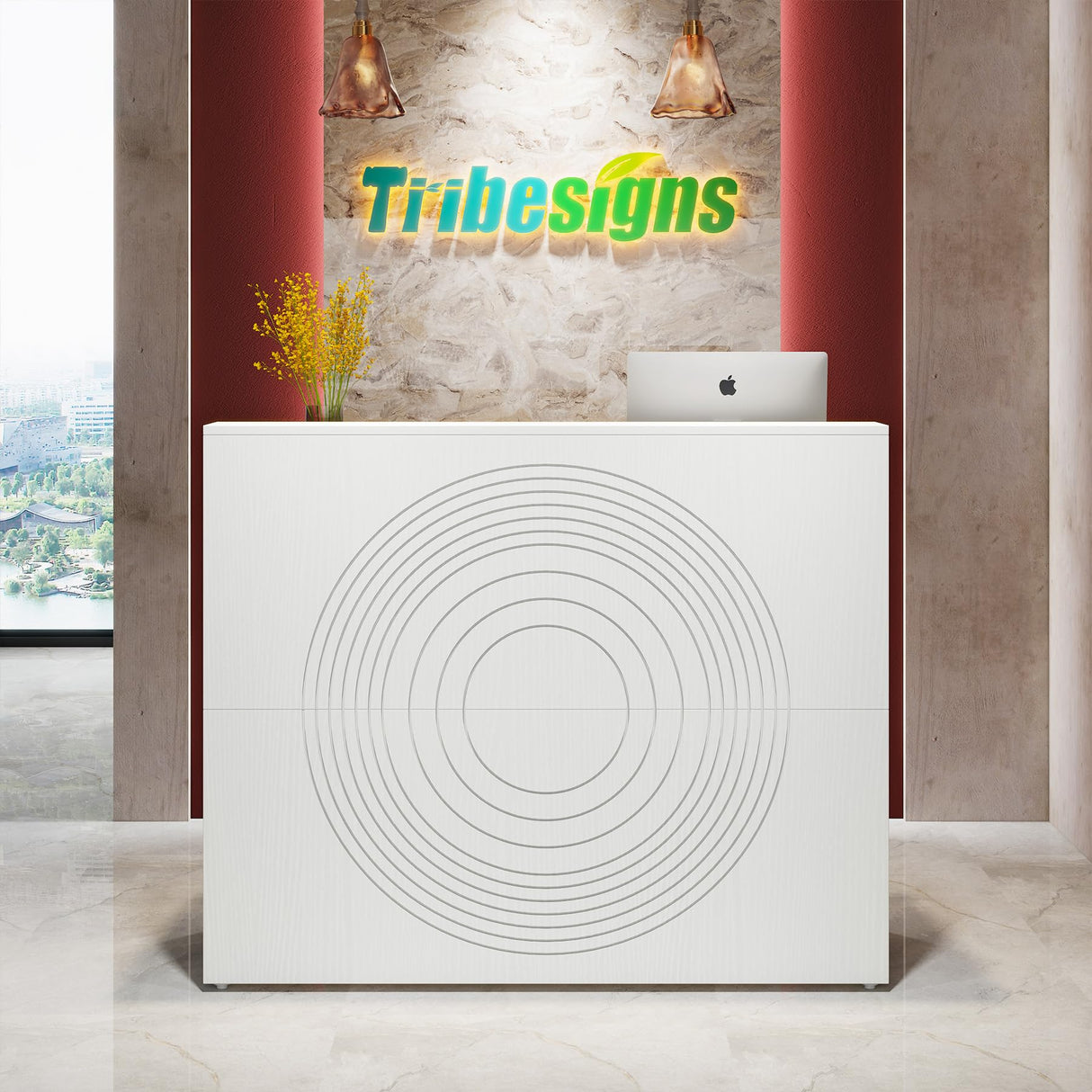 Tribesigns Reception Desk with Counter, Modern Front Desk Reception Room Table with Cable Grommet, 47 inch Retail Counter for Checkout, Lobby, Beauty Salon, Home Office Desk, White Tribesigns
