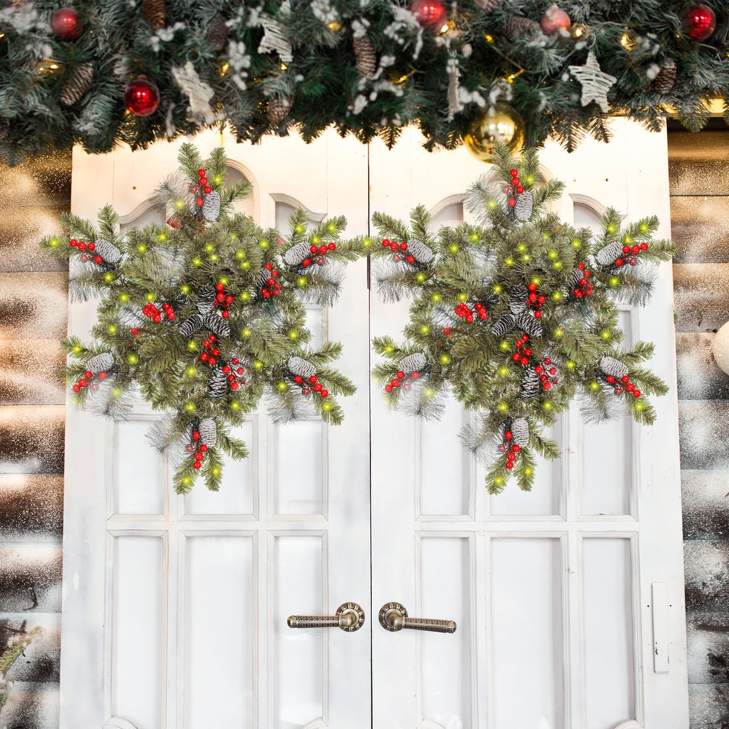 Sosation 2 Pack 32 Inch Artificial Christmas Star Wreaths Christmas Wreath with Pine Cones Berry Clusters Frosted Branches White Lights Battery Operated Home Xmas Party Decoration