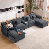 145" Oversized Modular Sectional Sofa U Shaped Cloud Couch 6 Seat Sofa Set for Living Room Comfy Fluffy Chenille Deep Seat with Movable Ottomans, Storage Console, Cup Holders, USB Ports, Dark Grey BEQAI