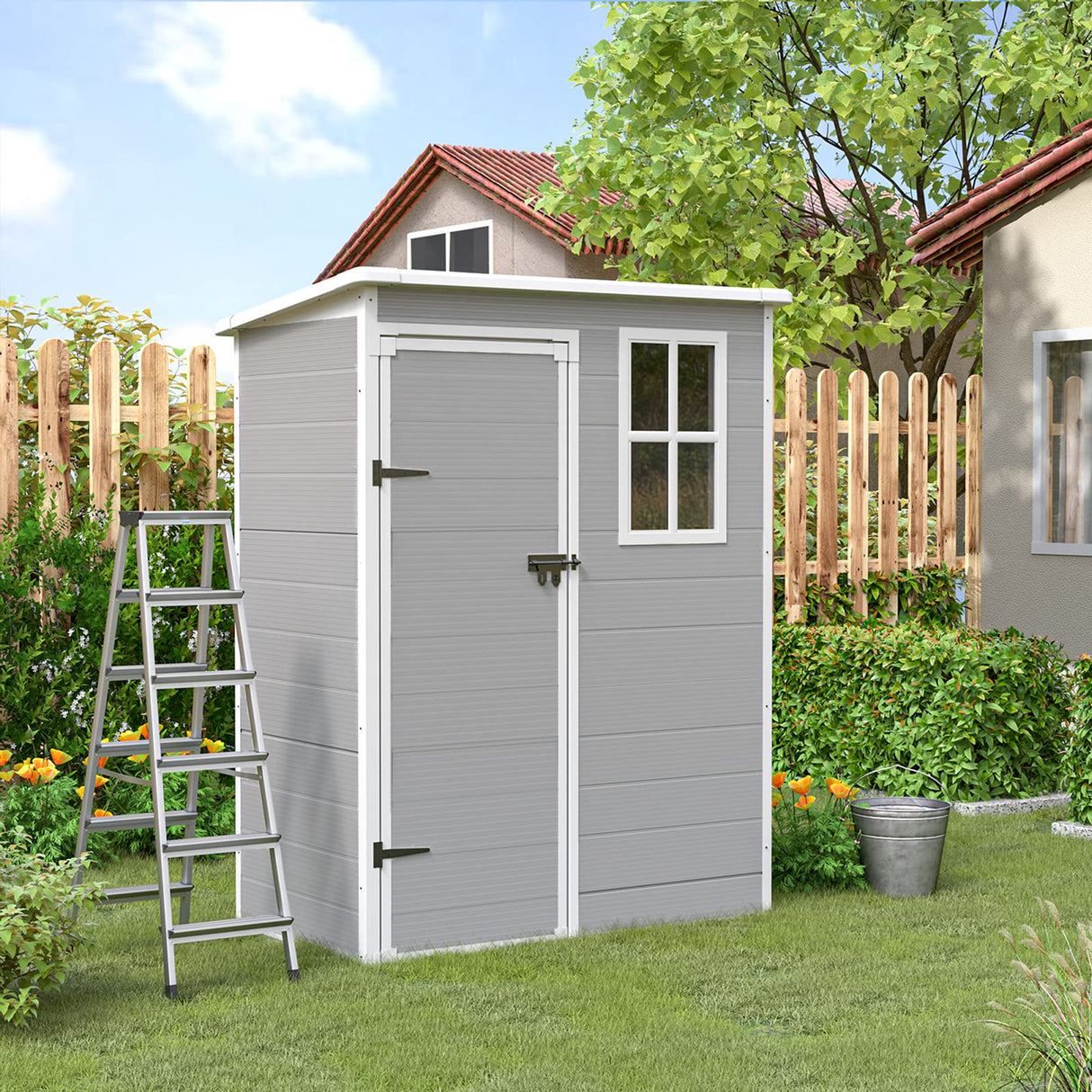 UDPATIO Outdoor Resin Storage Shed 5x3 FT, Plastic Garden Shed for Bike, Garbage Can, Tool, Outside Sheds & Outdoor Storage Storage Box with Lockable Door for Backyard, Patio, Lawn, Grey & White UDPATIO