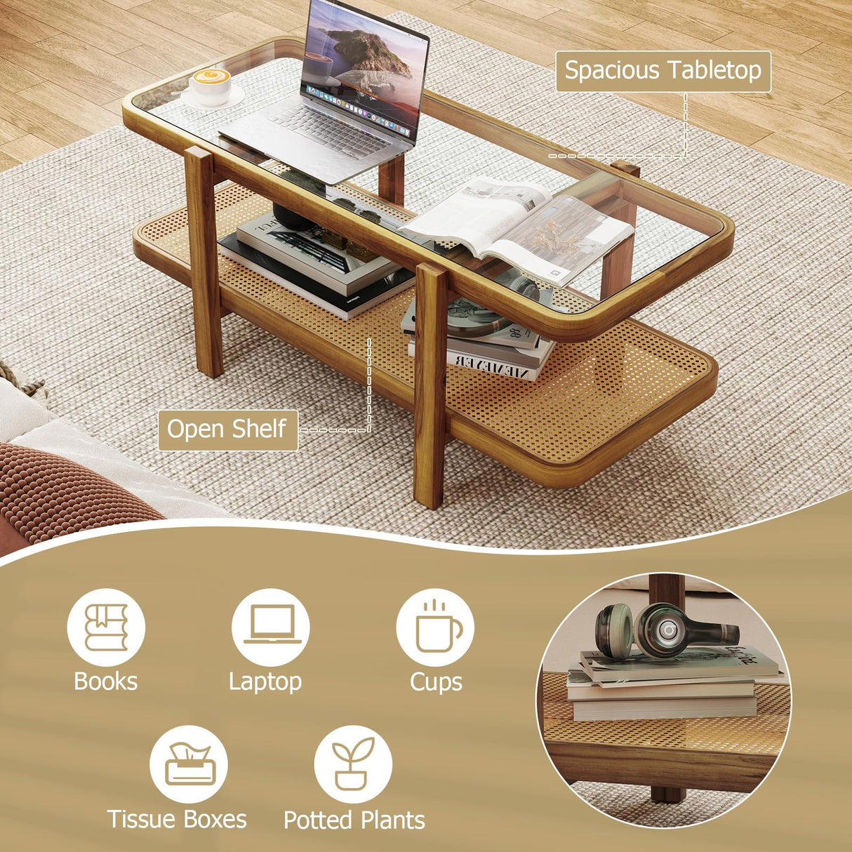 Giantex Rattan Coffee Table, 47.5" Rectangle Solid Wood Tea Table w/Tempered Glass Tabletop, Rattan Storage Shelf, 2-Tier Boho Coffee Tables, Farmhouse Center Table for Living Room (Oak) Giantex