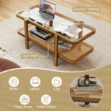 Giantex Rattan Coffee Table, 47.5" Rectangle Solid Wood Tea Table w/Tempered Glass Tabletop, Rattan Storage Shelf, 2-Tier Boho Coffee Tables, Farmhouse Center Table for Living Room (Oak) Giantex