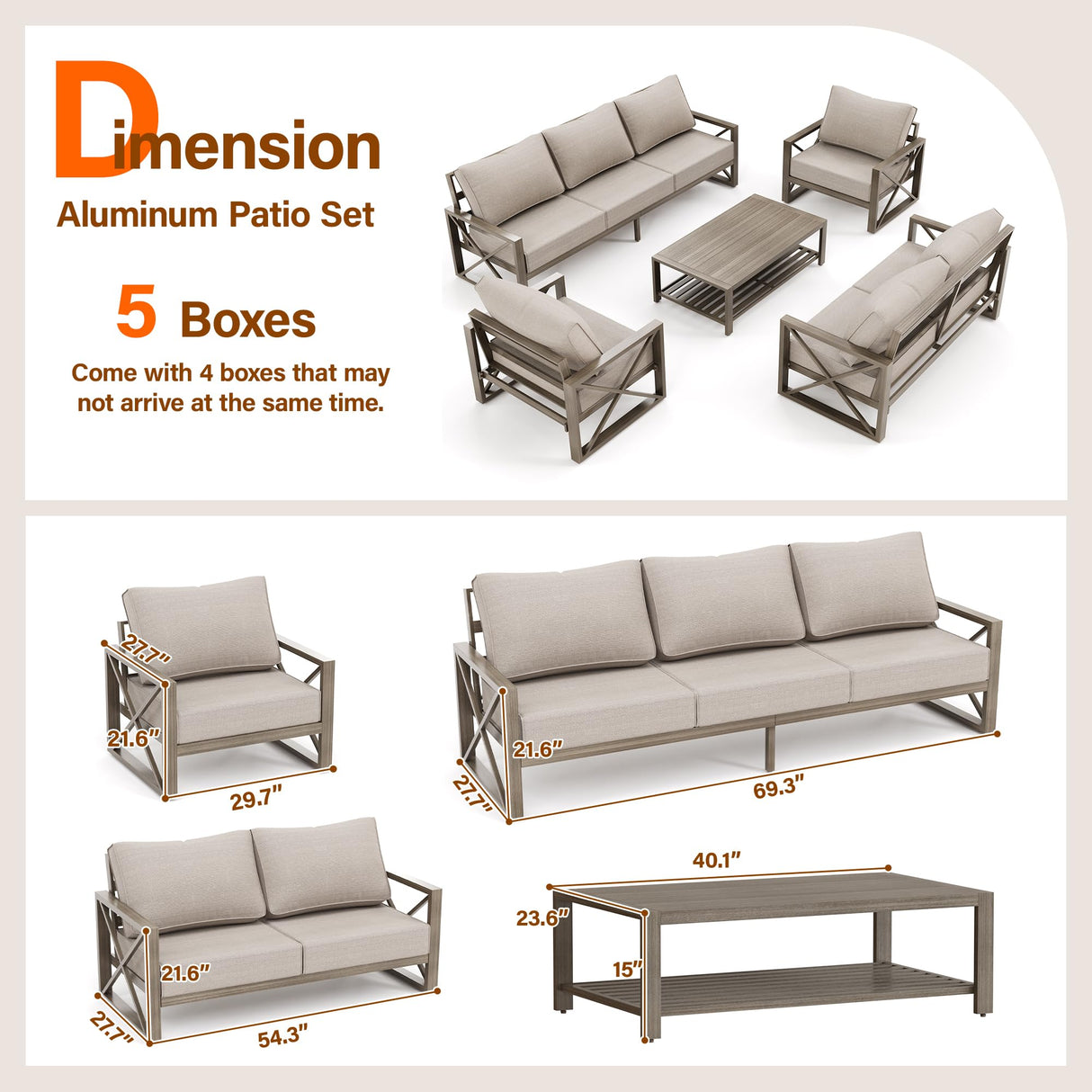 UDPATIO Aluminum Patio Furniture Set 5 Pieces Modern Outdoor Furniture Faux Wood Grain Patio Conversation Sets with Olefin Fabric Thick Cushions and Coffee Table, Include 600D Waterproof Cover UDPATIO