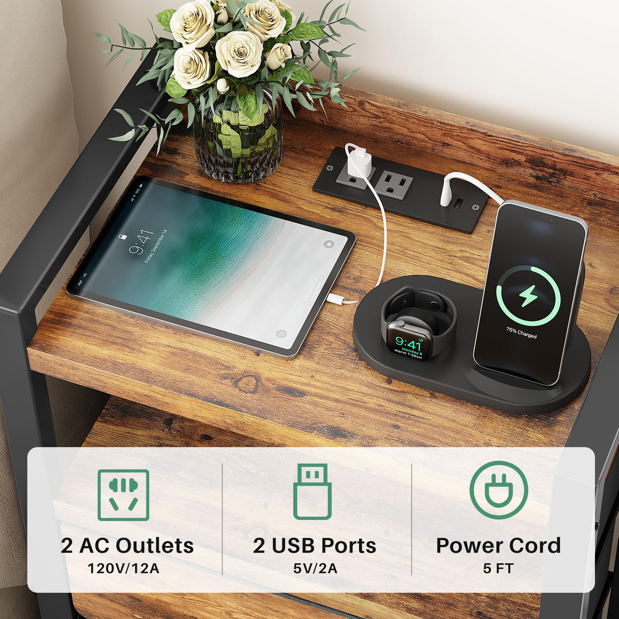 Kitstorack Night Stand with Charger Station and LED Light Rustic Brown Nightstand with Drawers Bedside Table Tall Nightstand 4 Fabric Drawers Kitstorack