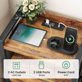 Kitstorack Night Stand with Charger Station and LED Light Rustic Brown Nightstand with Drawers Bedside Table Tall Nightstand 4 Fabric Drawers Kitstorack