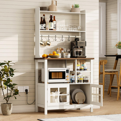 ChooChoo Farmhouse Bakers Rack with Power Outlets and Storage, Coffee Bar Cabinet with Storage, Microwave Stand Kitchen Cabinet with Hutch and 6 Hooks, Soft White & Brown ChooChoo