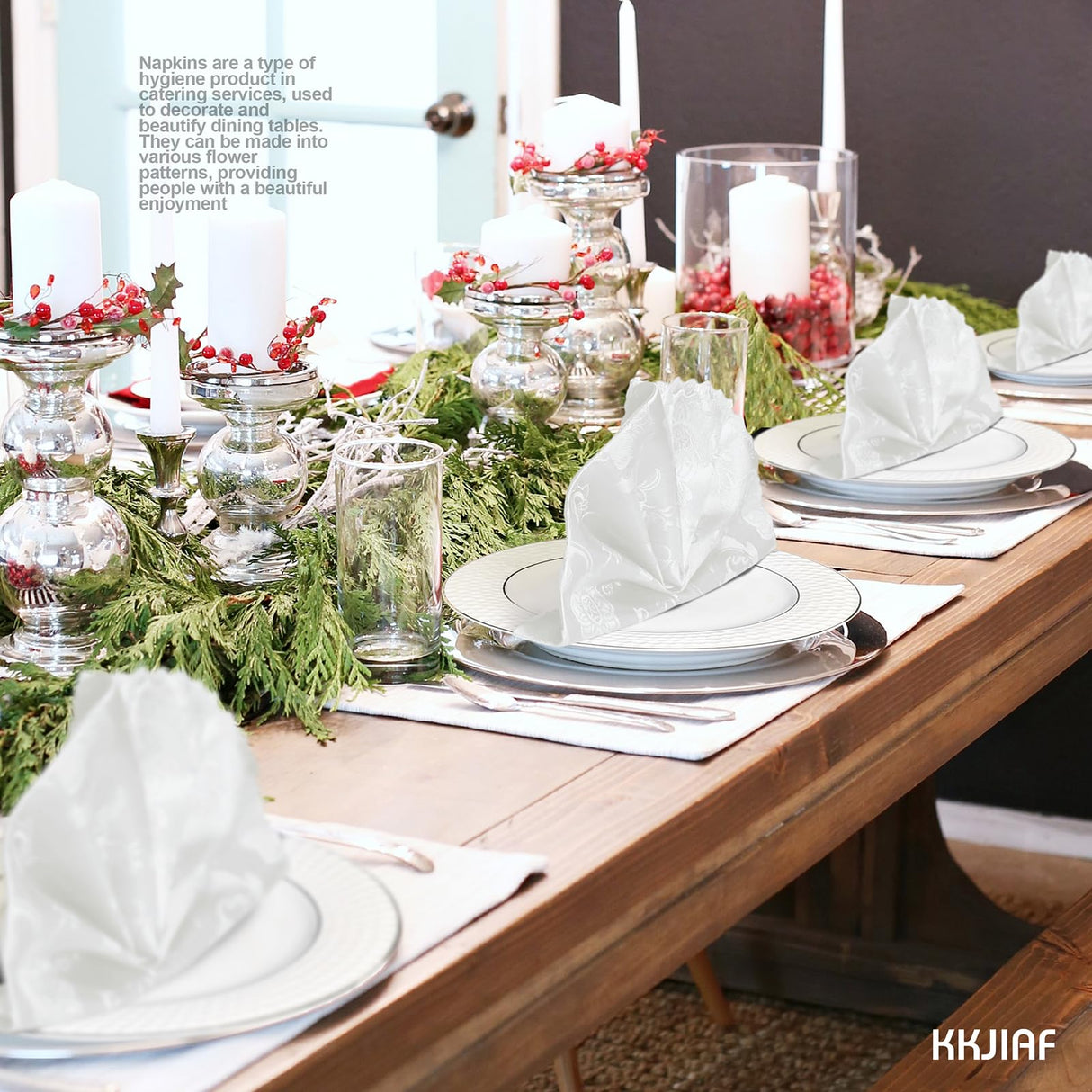 KKJIAF White Jacquard Satin Napkins (12 Pack, 17x17 Inches), Square Damask Silky Table Napkins for Wedding Banquet Party Restaurant Dinner Decoration KKJIAF