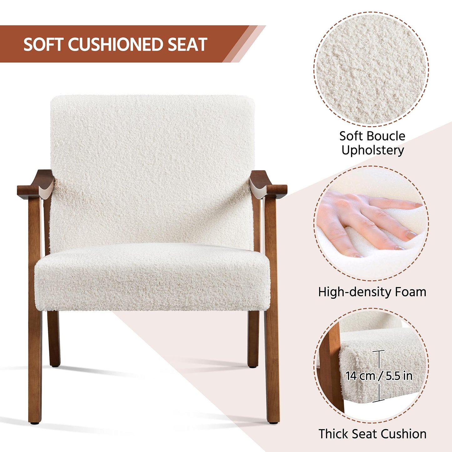 Yaheetech Fabric Accent Chair, Mid-Century Modern Armchair with Solid Wood Legs, Reading Leisure Chair with High Back for Living Room Bedroom Waiting Room,Ivory