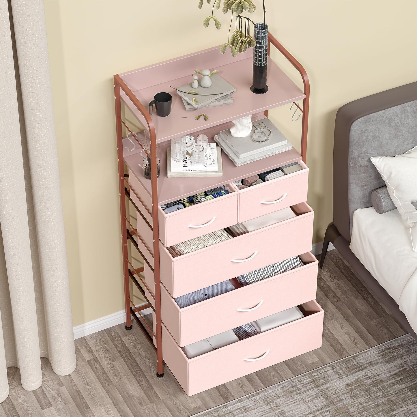 5 Drawers Dresser, Tall Dresser for Bedroom, Fabric Drawer Organizer Unit, Chest of Drawers with Hooks, Open Shelf for Closet, Living Room, Hallway, Entryway (Pink Wood Grain Print)