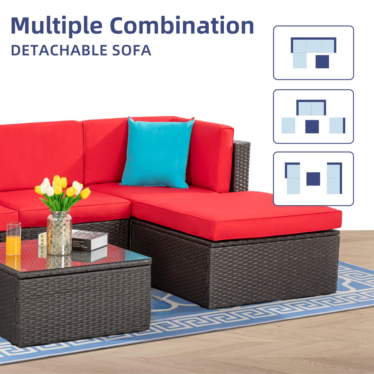 Vongrasig 5 Pieces Small Patio Furniture Sets, All-Weather Outdoor Sectional Patio Sofa Wicker Rattan Patio Seating Sofas with Cushion and Glass Table (Red) Vongrasig