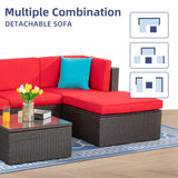 Vongrasig 5 Pieces Small Patio Furniture Sets, All-Weather Outdoor Sectional Patio Sofa Wicker Rattan Patio Seating Sofas with Cushion and Glass Table (Red) Vongrasig
