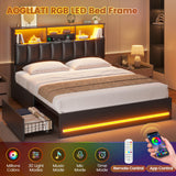 AOGLLATI Full Bed Frame with Stylish Bookcase Headboard & Charging Station & LED Lights,Full Size Bed Frame with 4 Storage Drawers, Led Bed Frame with Metal Slats, No Box Spring Needed,Black AOGLLATI