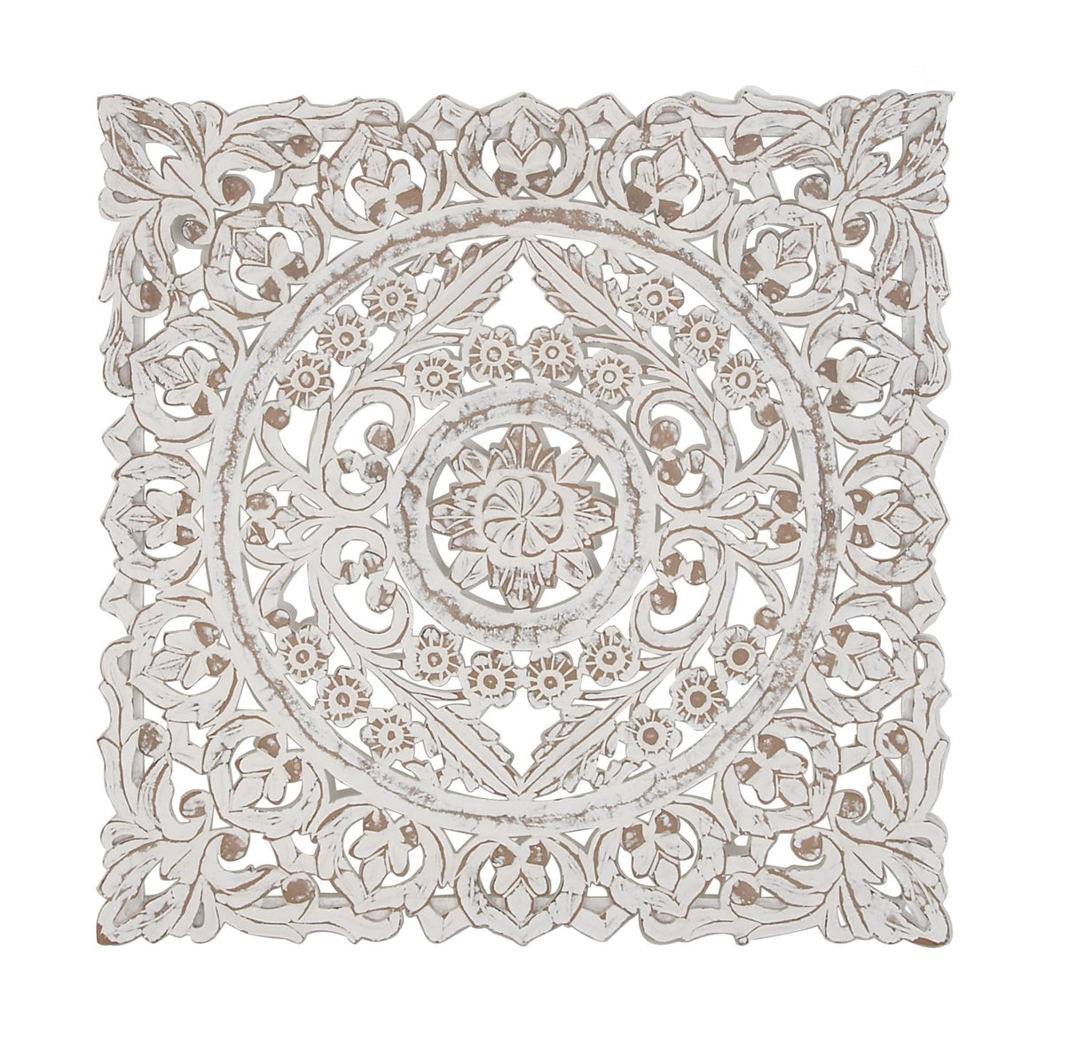 Deco 79 Wooden Floral Handmade Home Wall Decor Intricately Carved Wall Sculpture with Mandala Design, Wall Art 36" x 2" x 36", White Deco 79