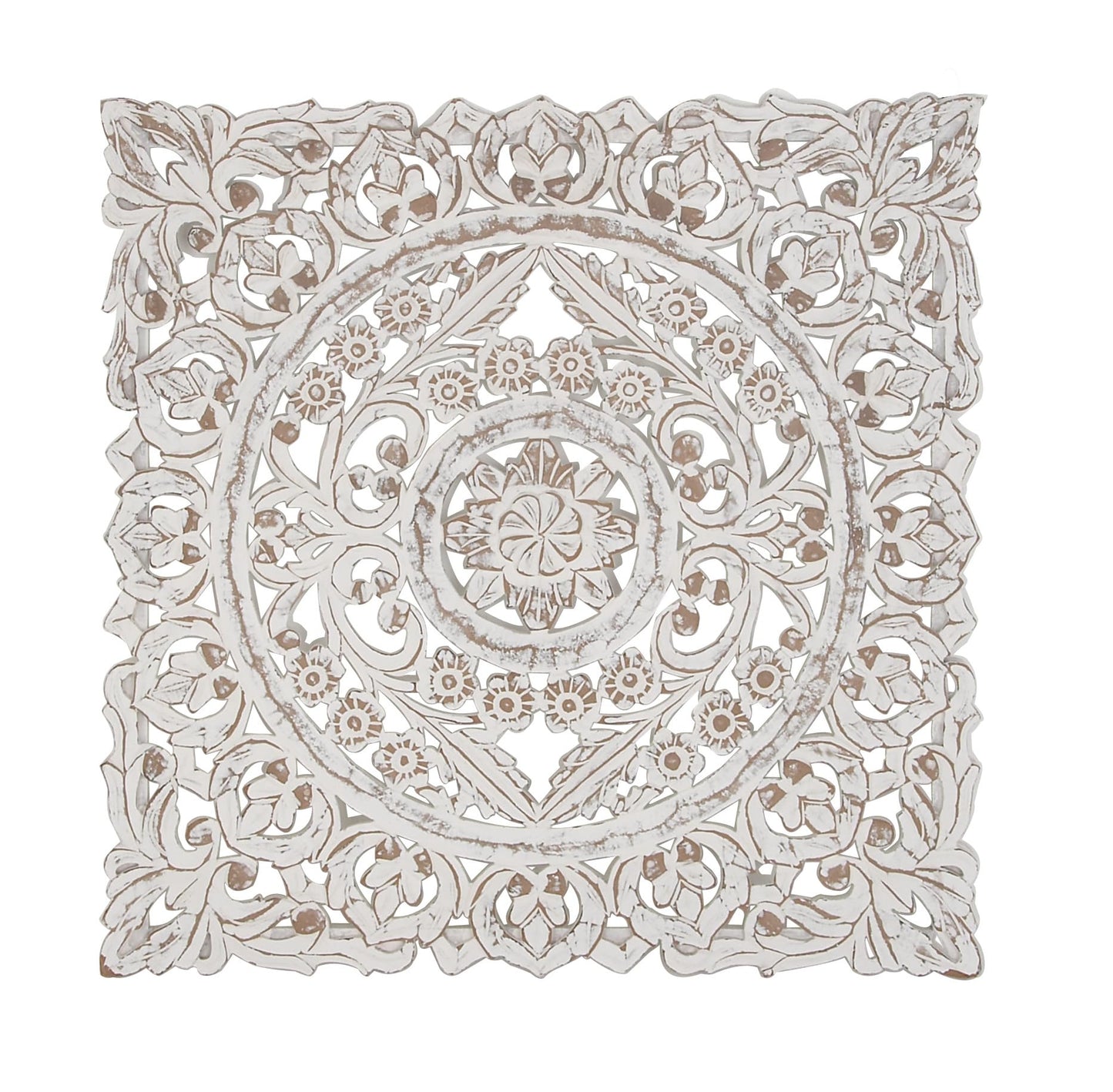 Deco 79 Wooden Floral Handmade Home Wall Decor Intricately Carved Wall Sculpture with Mandala Design, Wall Art 36" x 2" x 36", White - WoodArtSupply