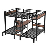 Bellemave Queen Over Twin Over Twin Bunk Bed with Shelf and Stairs, Heavy Duty Triple Bunk Beds with Safety Guardrails, Metal Triple Bunk Bed Frame for 3 Kids, Teens, Black Bellemave