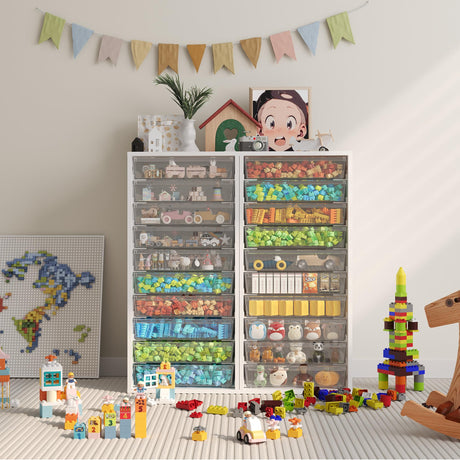 WOPITUES Plastic Storage Drawer Cart, Makeup Organizer and Storage with 10 Large Clear Drawers, Utility Wooden Rolling Cart on Wheels, for Cosmetic, Art Craft, Parts, Office Supplies, Toy, White WOPITUES