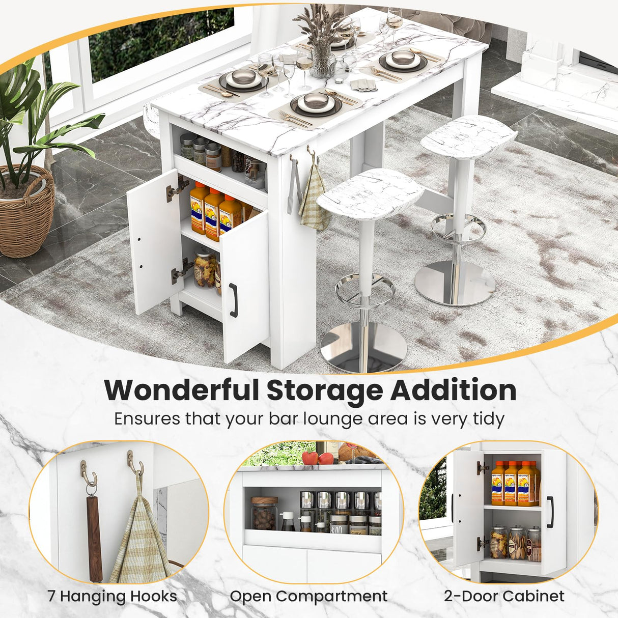 Giantex Bar Table, 47” Counter Height Dining Table with 7 Hanging Hooks, Compartment, Cabinet & Adjustable Shelf, High Top Table, Faux Marble Pub Table for Kitchen Breakfast Nook Small Space, White Giantex