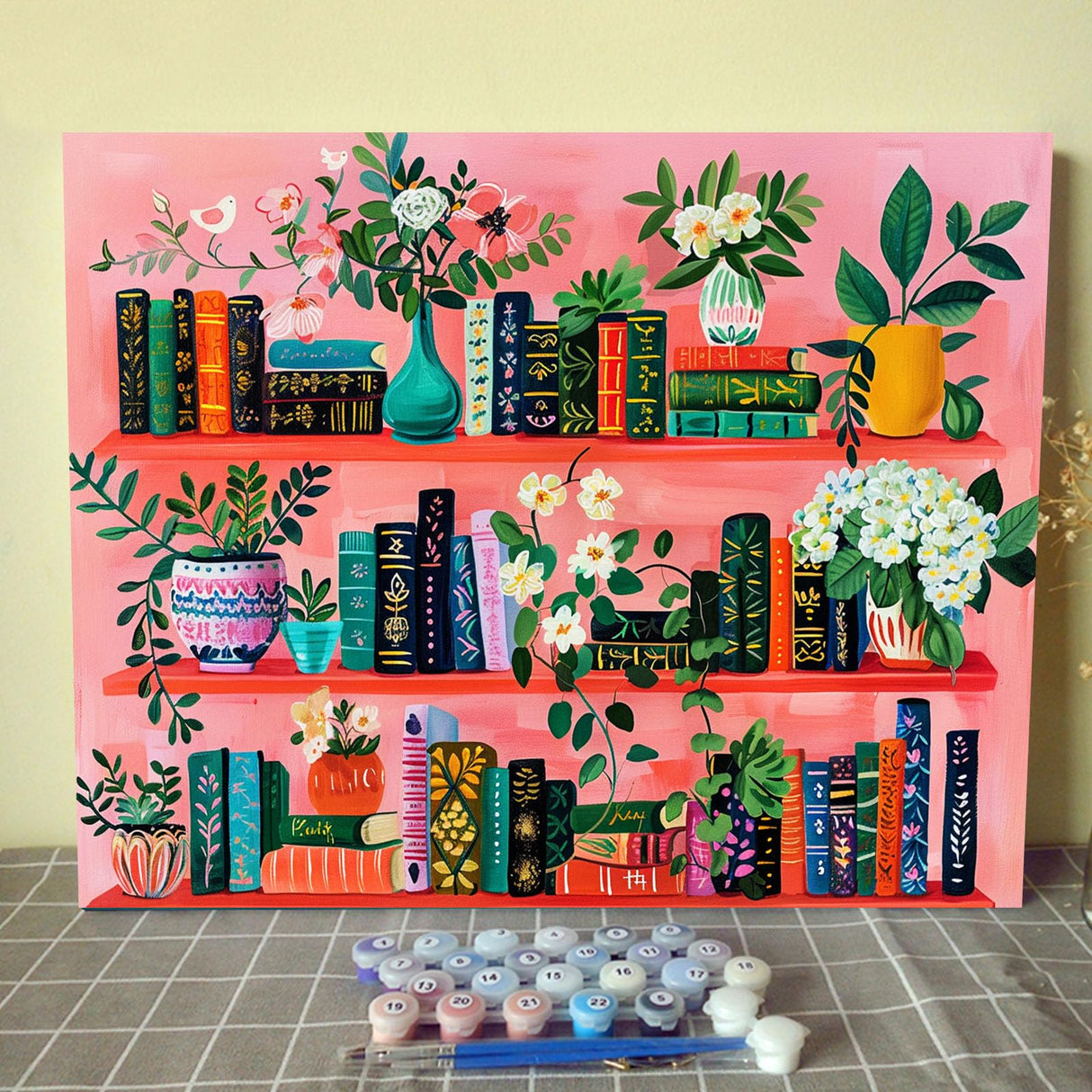 Bookshelf Book Theme Pink Library Paint by Numbers Kits for Adult Paint by Numbers Boho Painting Kits on Canvas with Brushes and Acrylic Pigment for Home Wall Decor Without Framed 16''W x 20''H Aihonmin