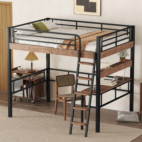 Janusline Metal Full Size Loft Bed with Built-in Desk, Modern Loft Bed Frame with Storage Shelf, Ladder and Safety Guardrail, Easy Assembly, No Box Spring Needed, Black Janusline