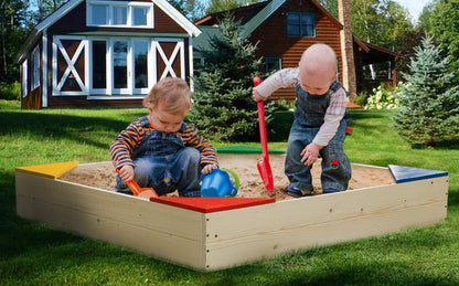 PLAYBERG Outdoor Wooden Sand Box with Floor Cover and Waterproof Protection Cover, Square Sandpit for Kids - WoodArtSupply