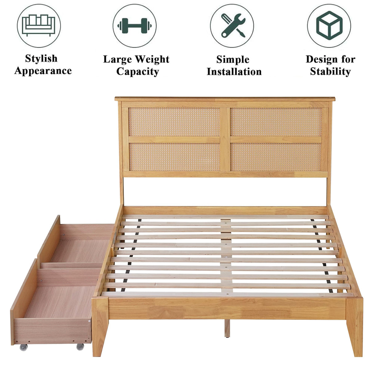 MoproBeti Full Bed Frame with Rattan Headboard,Rubber Wooden Boho Bed Frames with 2 Storage Drawers and Support Legs,No Box Spring Needed, White Oak MoproBeti
