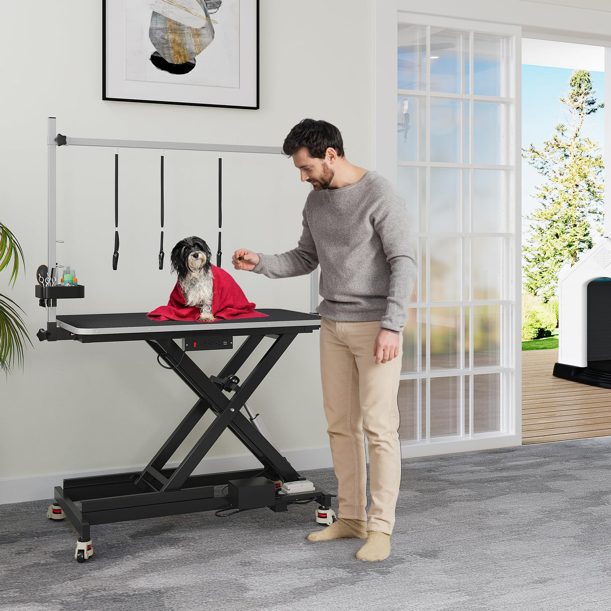 YITAHOME 49 Inch Professional Electric Dog Grooming Table, w/Leveling Wheels Grooming Table for Dogs at Home, w/Aluminum Large Dog Grooming Station, Anti Slip Tabletop & Tool Organizer Black YITAHOME