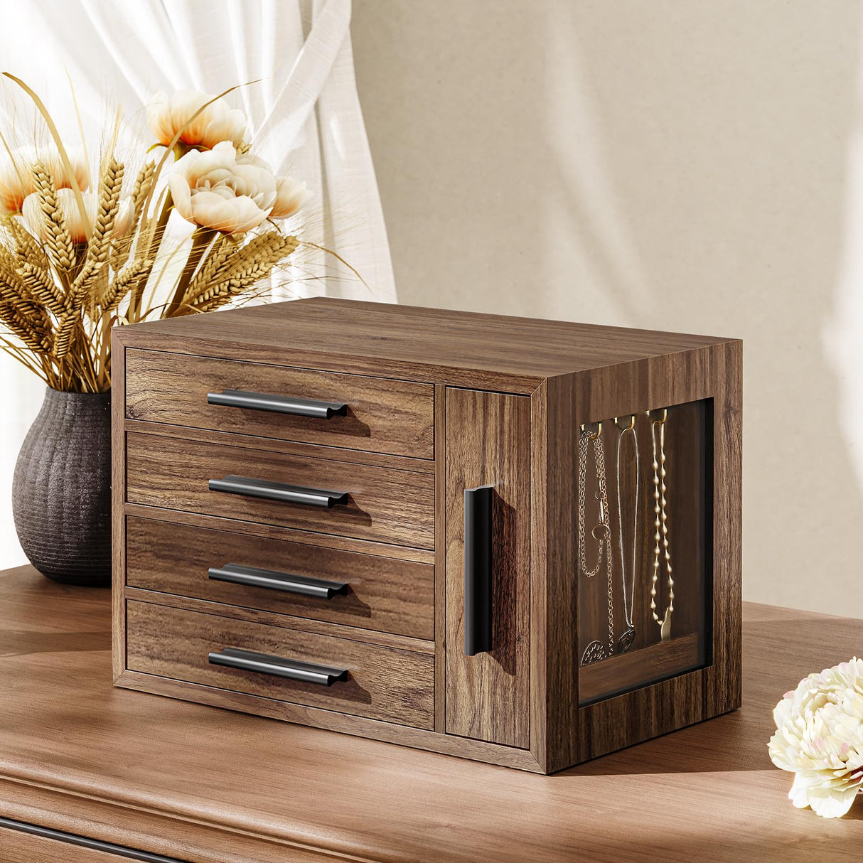 HOOBRO Jewelry Box for Women, Wooden Jewelry Organizer with Transparent Window, 4-Layer Jewelry Organizer Box, Jewelry Holder Organizer for Earrings, Necklaces, Rings, Walnut and Black BH09JB04 HOOBRO
