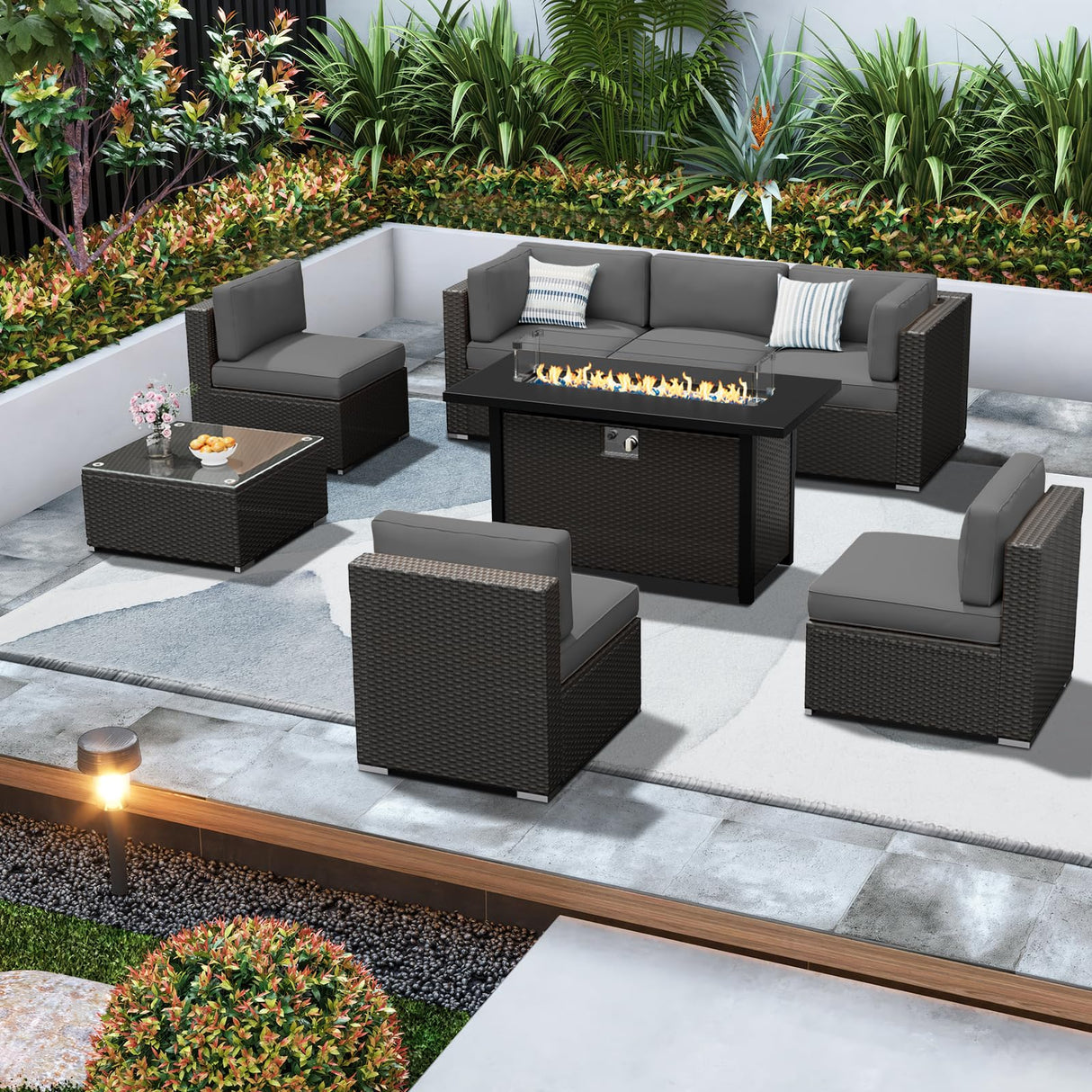 SUNCROWN 7-Piece Outdoor Patio Furniture Sofa Set All-Weather Wicker Sectional Conversation Set with Modern Glass Coffee Table, Cushions and Fire Pit Table (Grey) SUNCROWN