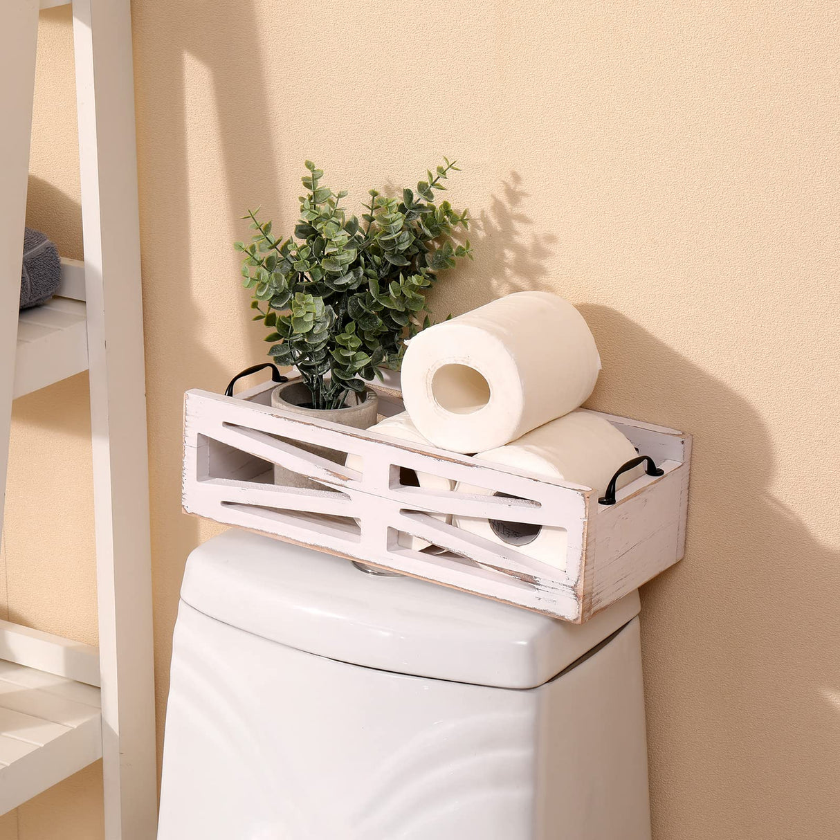 MJYIOK Toilet Tank Basket Rustic White Toilet Paper Holder Bathroom Decor Box,Farmhouse Kitchen Utensil Holder Caddy,for Kitchen MJYIOK