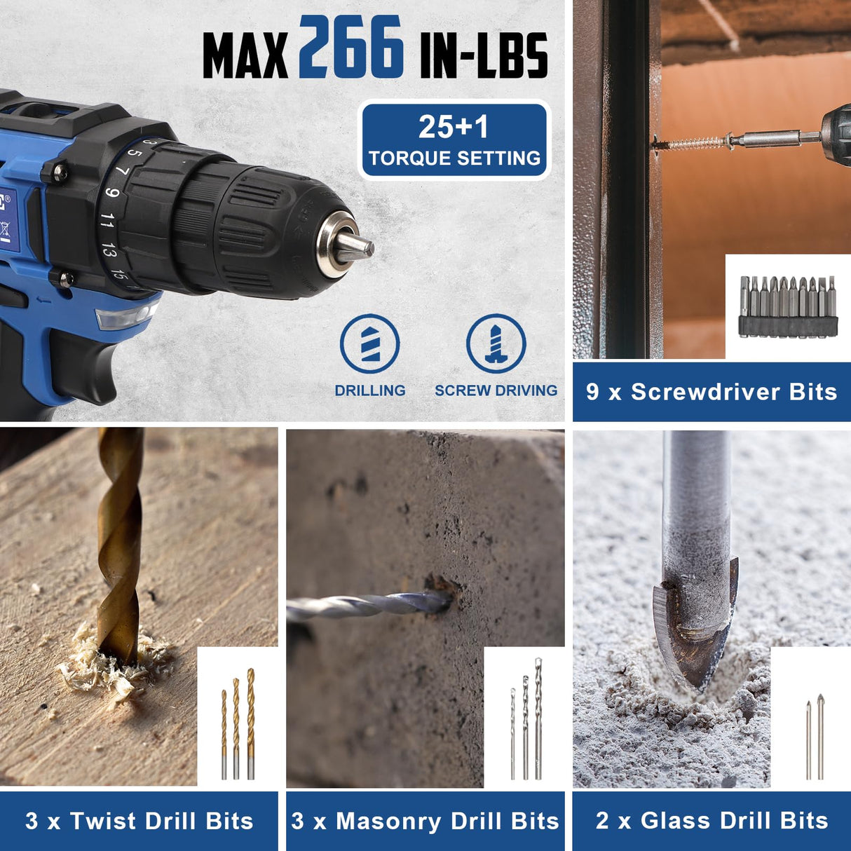 COMOWARE 120 Pcs Home Tool Kit with Drill, 20V Power Tool Combo Kits with 2.0 Ah Li-ion Battery & Charger, 25+1 Clutch, Tool Sets for Men, Household Tool Set for Garden Office Home Repair, Blue Case COMOWARE