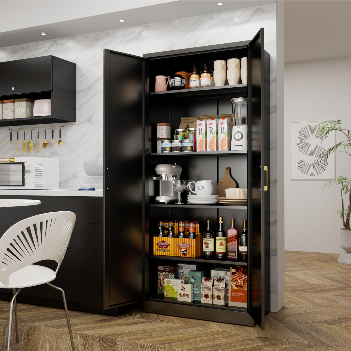 71" Tall Kitchen Storage Cabinet with Gold Handles, Metal Pantry Cabinets with 2 Doors, Food Pantry, Adjustable Shelves, Black Freestanding Pantry Cupboard for Dining Room, Kitchen -Assembly Required MetalMax