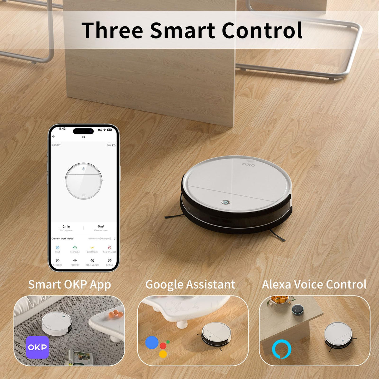 OKP Robot Vacuum Cleaner 2500Pa, 120 Min Runtime, Robotic Vacuum Cleaner with Schedule, WiFi/App/Alexa, Self-Charging, Slim Design, Quiet, Perfect for Hard Floors, Pet Hair, Carpets, K5 OKP