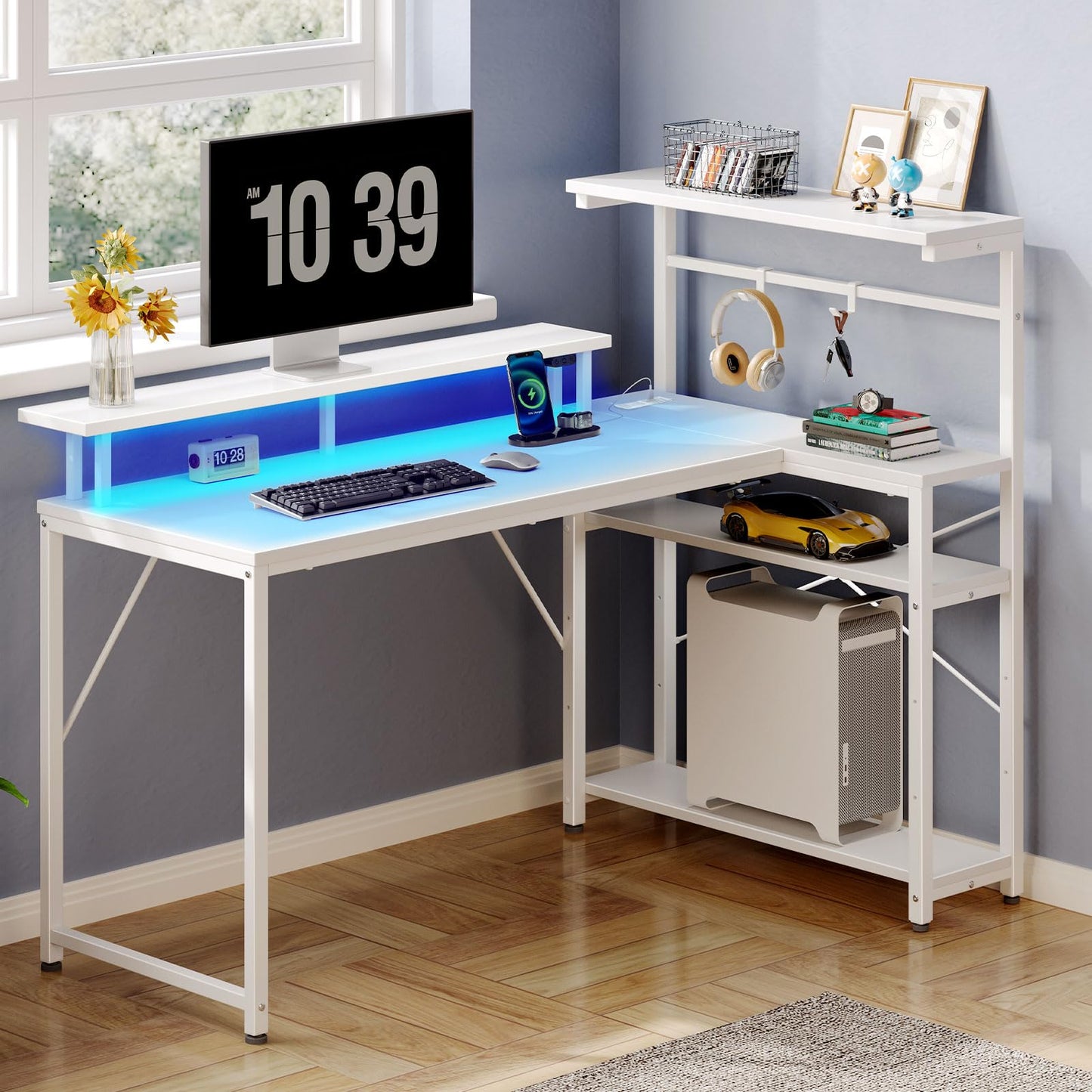 Seventable Gaming Desk with Power Outlet and LED Light, Reversible Small Desk with Monitor Stand and 4 Tiers Shelves, 39" L Shaped Desk with Hooks, Computer Desk for Living Room and Bedroom,  - WoodArtSupply