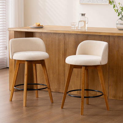 EYYTHUNG 26" Counter Height Bar Stools Set of 2 Mid Century Modern Farmhouse Swivel Barstools Chenille Fabric Upholstered Bar Height Island Chairs with Curved Backrest for Kitchen Island, Beige