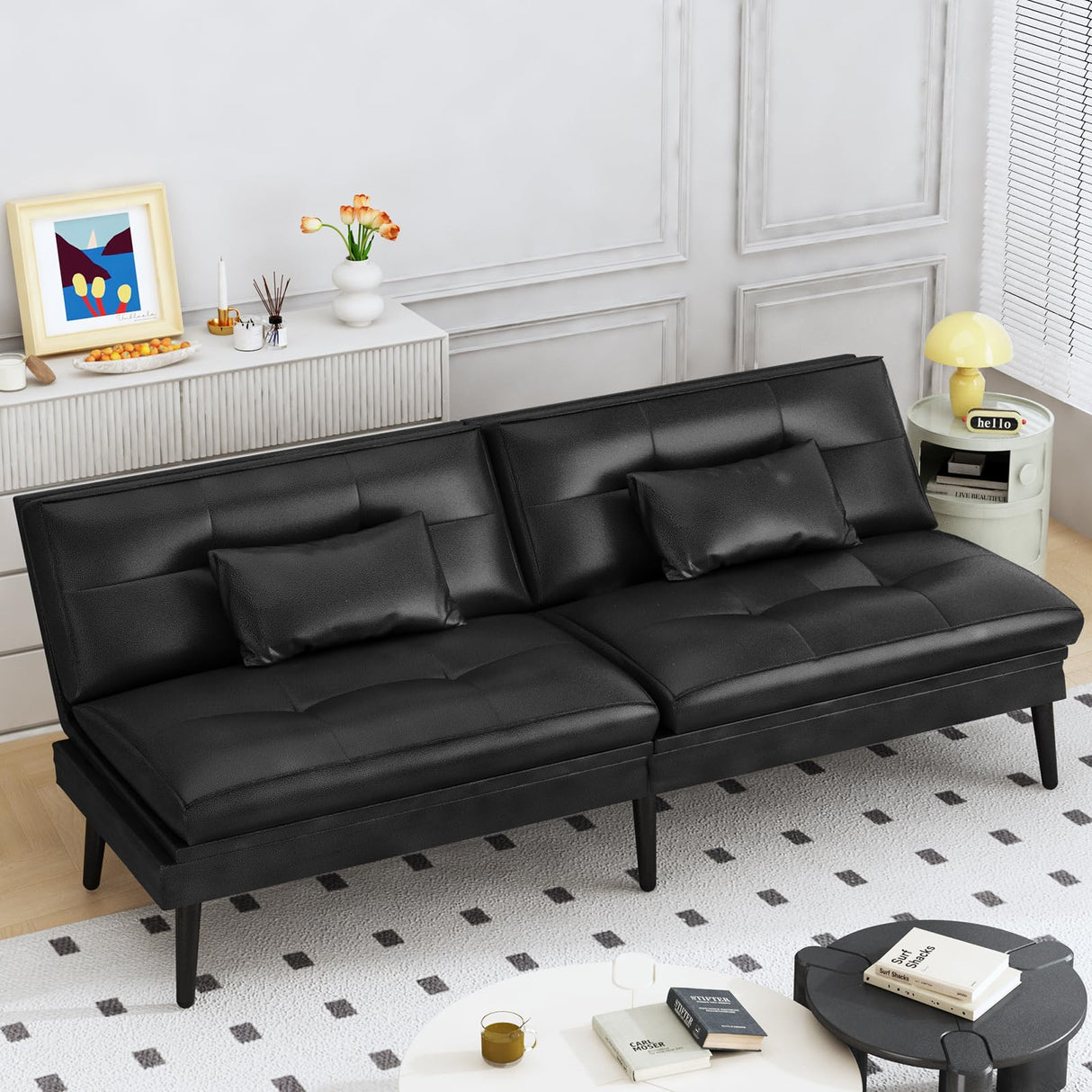 AWQM Convertible Futon Sofa Bed, 70" Futon Sofa Bed, Adjustable Futon Couch, Faux Leather Futon Sofa Couch, Comfy Futon Couch Bed with 2 Square Pillows, for Living Room, Apartment, Office (Black) AWQM