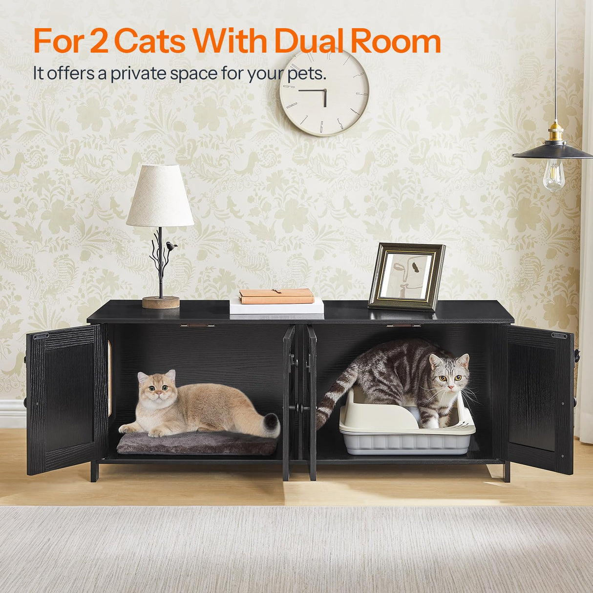HOOBRO Cat Litter Box Enclosure for 2 Cats, Hidden Litter Box Furniture, 47.2 x 17.7 x 19.7 Inches, Wooden TV Stand with Dual Room, Large Cat House for 2 Cats, Black BK32MW01G1 HOOBRO
