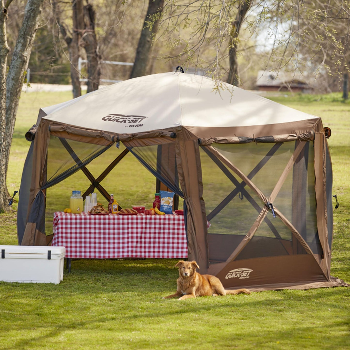 CLAM Pop Up Screen Tent, Outdoor Camping Gazebo Canopy, Pavilion, 12.5', Brown